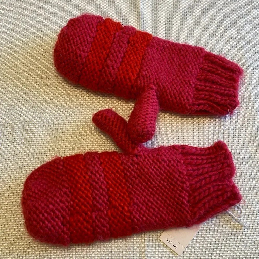 NWT Anthropologie magenta hot pink and red striped mittens bohemian knit yarn